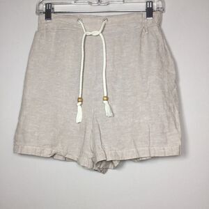 Cream wide weave linen blend shorts with cord tie and wood beads pockets beach M